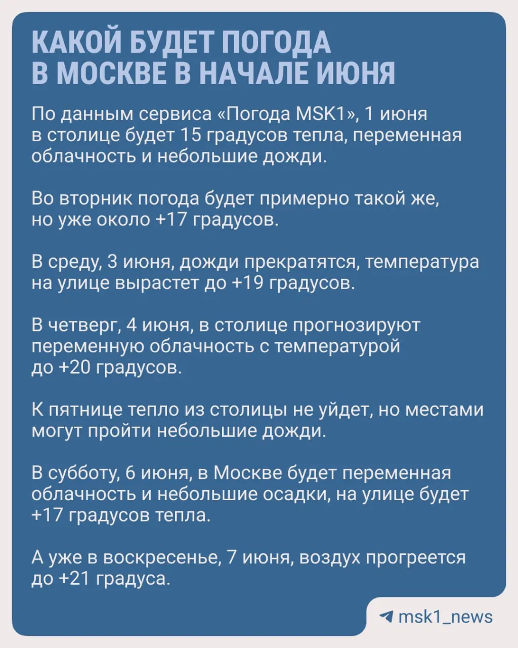 Первая неделя июня принесёт в столицу тёплую погоду с кратковременными дождями: в начале месяца ожидается +17–19°, к выходным местами прогреет до +27°.