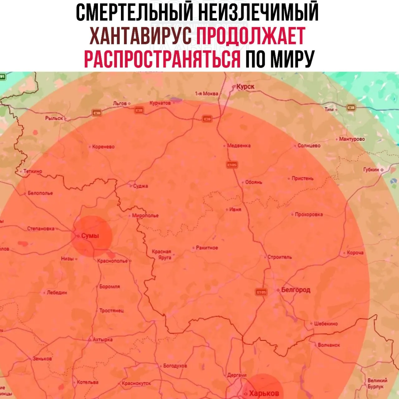 Появились сообщения о распространении опасного хантавируса в приграничных районах Украины; в зоне риска названы Белгородская, Курская, Брянская и Воронежская области. Утверждают, что первый случай зафиксирован в Израиле, симптомы маскируются под грипп, возможна острая недостаточность лёгких и почек, смертность оценивают в 38–50%.