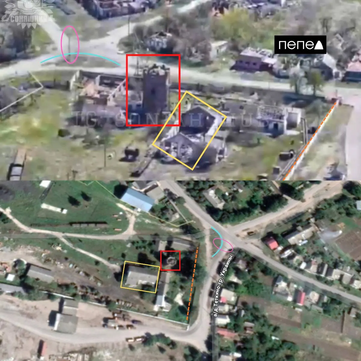 В Глушковском районе Курской области зафиксирован авиаудар: на видео видно, как по посёлку Тёткино сброшены три авиабомбы. Утверждают, что целью были укрытия российских военнослужащих и огневая позиция; место атаки подтверждено геолокацией.