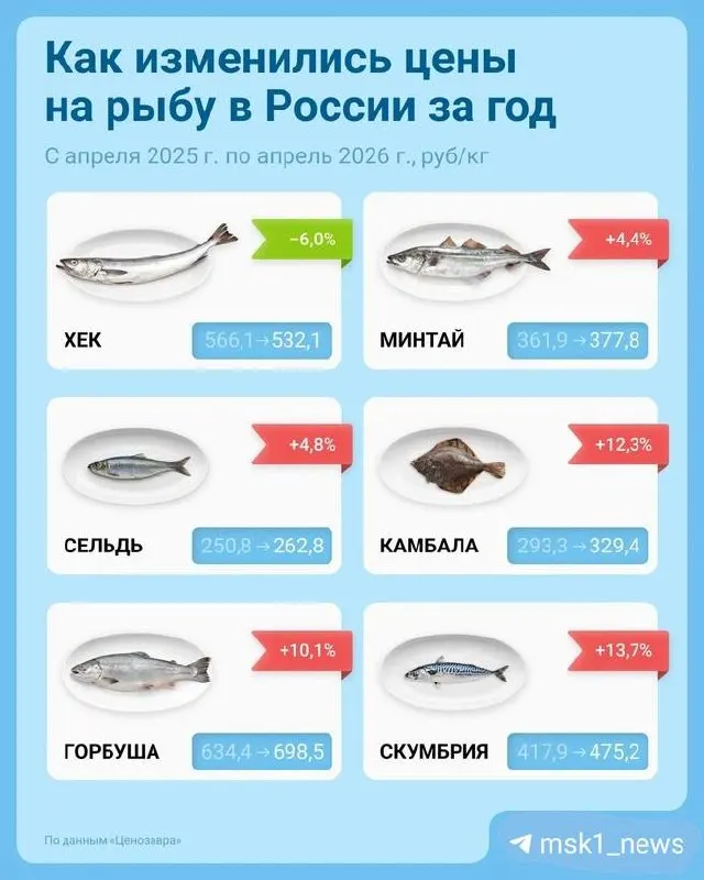 По данным Росстата, в столице цена на кальмары выросла более чем на 5% за квартал. Живая, охлаждённая и деликатесная лососевая рыба тоже продолжает дорожать — покупатели отмечают новые ценники в супермаркетах.