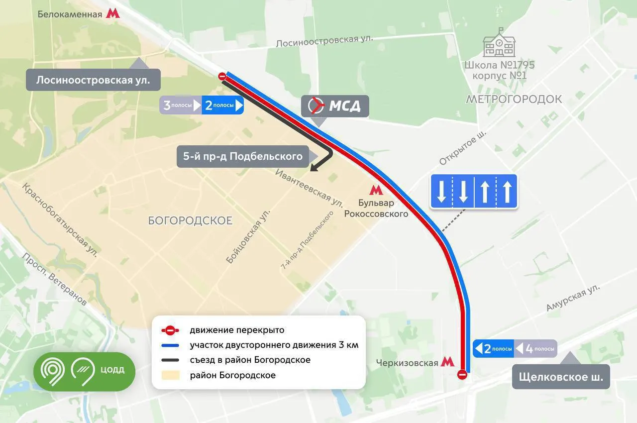 Внутренняя сторона участка МСД перекрыта — движение в обе стороны организовано по внешней стороне. Приводим рекомендации по объезду.