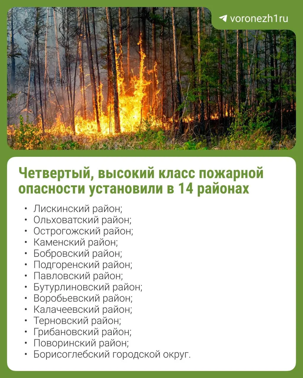 Из-за недельной жары до +30°C в Богучарском, Верхнемамонском, Кантемировском, Петропавловском и Россошанском районах установлен пятый класс пожарной опасности; ещё в 14 районах — четвёртый.