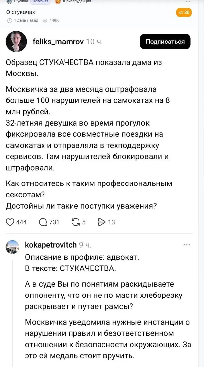 В сети разгорелась дискуссия вокруг поста адвоката Феликса Мамрова, в котором он назвал «стукачкой» женщину, фиксировавшую нарушения на электросамокатах; после этого в комментариях появились оскорбления, а также публикация персональных данных адвоката.