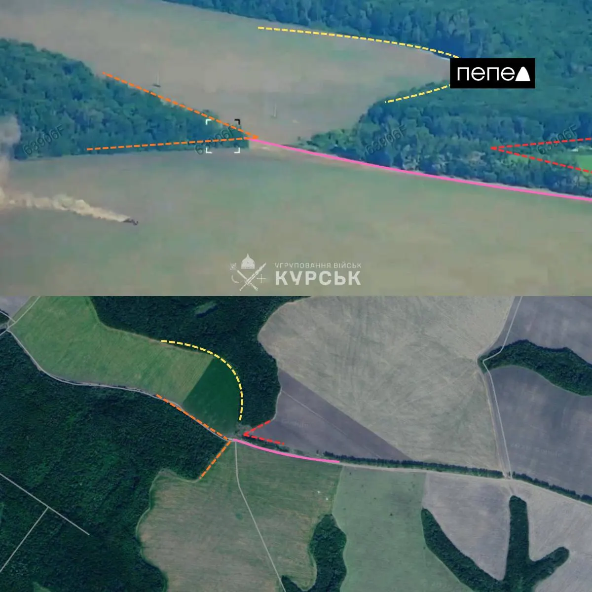 На видео от 10 июня видно, как дрон корректирует огонь и фиксирует удар по зенитно-ракетному комплексу в районе села Левшинка Курской области. Геолокация подтверждает место атаки.