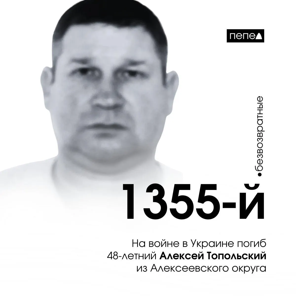 Алексей Топольский, ранее считавшийся пропавшим без вести, погиб 27 сентября 2024 года в Харьковской области. По собранным данным он числится 1355‑м погибшим военнослужащим из Белгородской области.