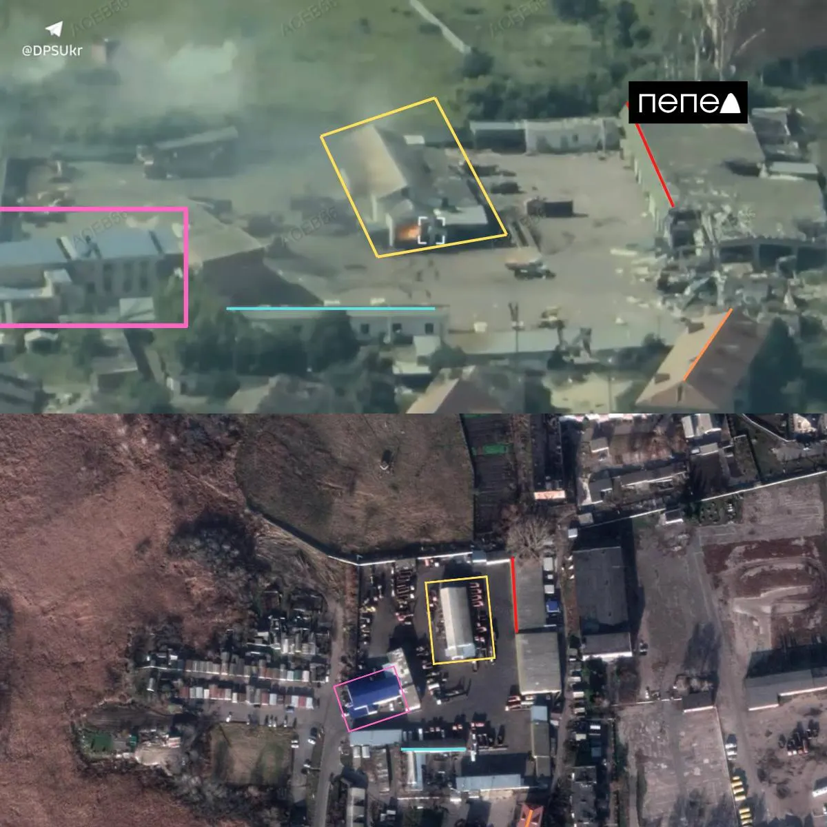 FPV‑дроны поразили постройку, где стояла самоходная артиллерийская установка «Мста‑С»; после удара начался пожар, место атаки подтверждено геолокацией на спутниковых снимках.