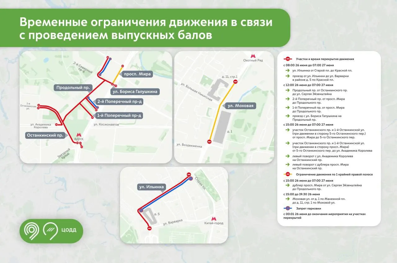 В связи с крупными выпускными в столице перекроют несколько улиц — ограничения начнут действовать уже утром. В районе ВДНХ изменятся автобусные маршруты: с 11:30 до окончания мероприятий 27 июня автобусы не будут подъезжать к главному входу парка и к выходу №1 метро.