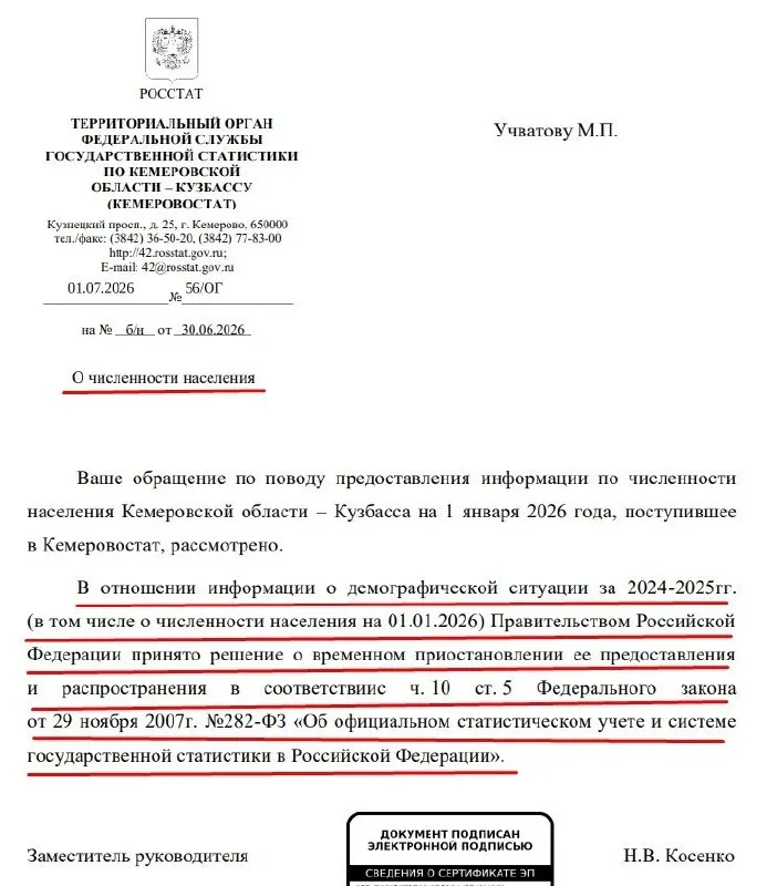 Правительство РФ временно приостановило предоставление официальных данных о численности населения по регионам. Кемеровостат объяснил это ссылкой на изменения в законе об официальной статистике, которые дают кабинету министров право ограничивать доступ к таким данным.