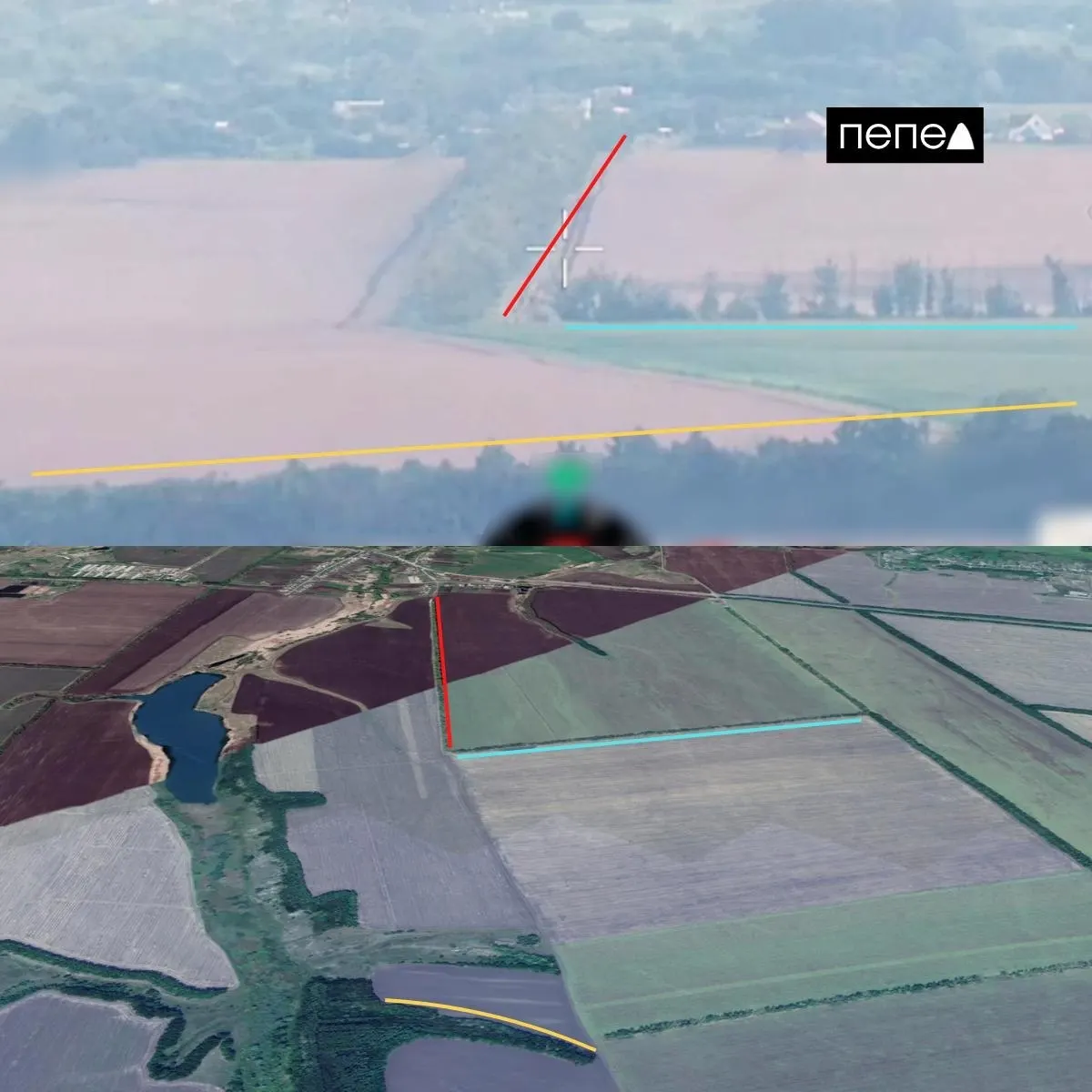 На кадрах видно, как беспилотник поражает моторный отсек бронетехники в районе села Нижнее Берёзово-Второе: после удара над местом поднялся белый дым.