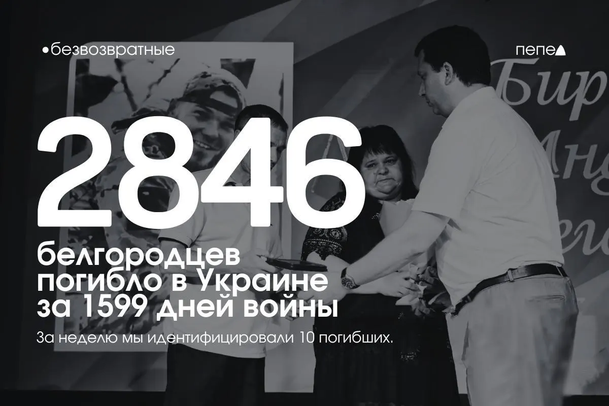 По учёту, за 1599 дней СВО в Украине погибли как минимум 2 846 жителей Белгородской области; ещё минимум 152 человека числятся пропавшими без вести. За последнюю неделю в список добавлены имена десяти погибших.