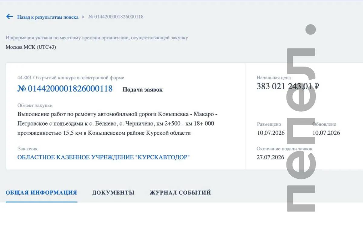 На ремонт 15,5 км трассы Конышевка — Макаро — Петровское из регионального бюджета направят 383 млн руб.; торги объявлены после аварии с участием автомобиля замгубернатора.