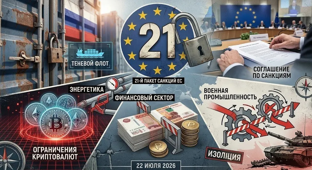 Страны Евросоюза договорились о новом пакете ограничений, который затрагивает нефтяной рынок, операции с криптовалютами, суда «теневого флота» и ряд торговых и финансовых мер.