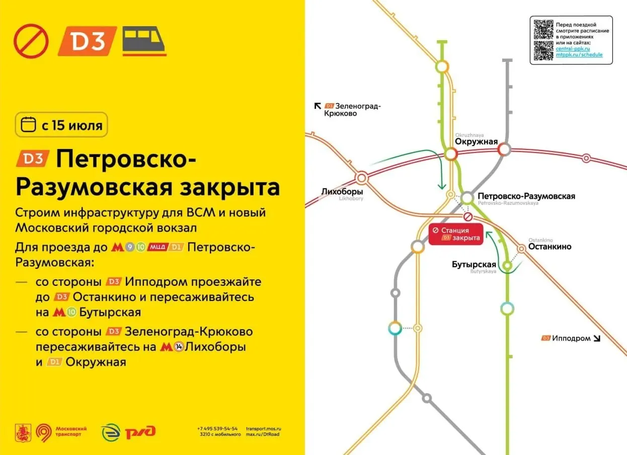 С 15 июля поезда D3 не будут останавливаться на станции Петровско‑Разумовская — на участке начнутся работы по строительству ВСМ: пути перенесут, существующие платформы демонтируют, планируют временную платформу.