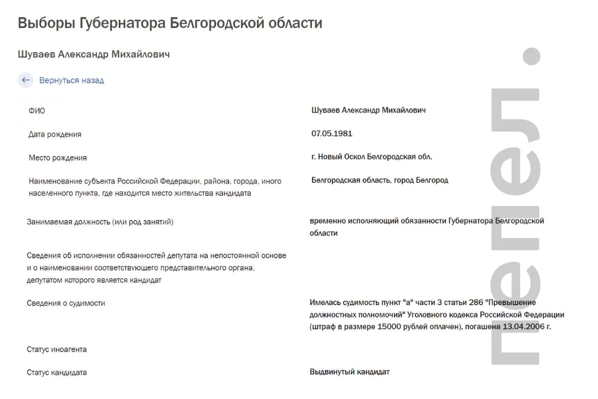 В карточке кандидата на сайте областного избиркома указано, что Александр Шуваев был осуждён по статье о превышении должностных полномочий с применением или угрозой насилия; судимость была погашена в 2006 году.