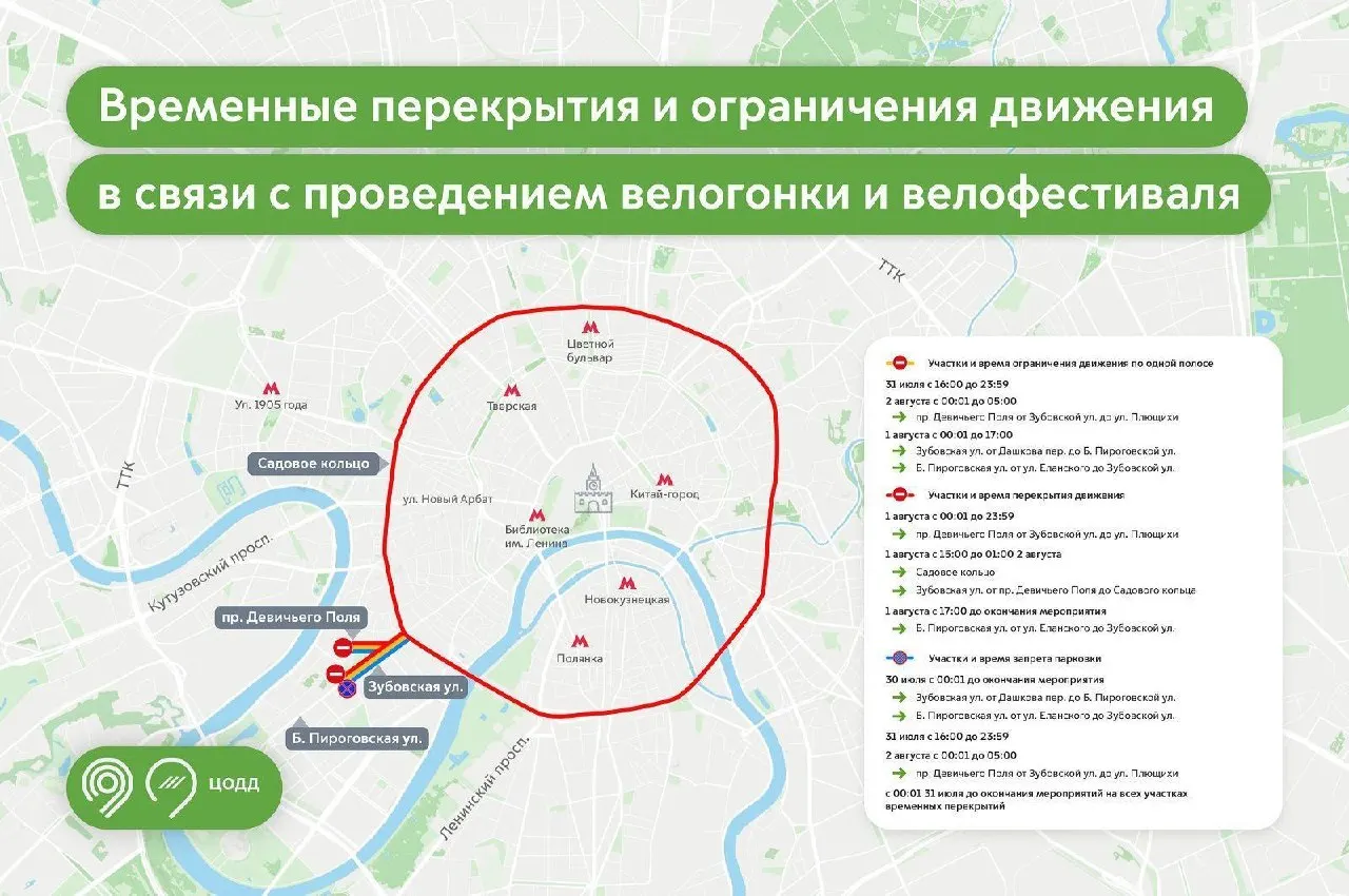 В Москве накануне и в день велособытий ожидаются перекрытия: частичные ограничения с 16:00 31 июля, полная блокировка Садового кольца 1 августа с 15:00 до 01:00 2 августа.