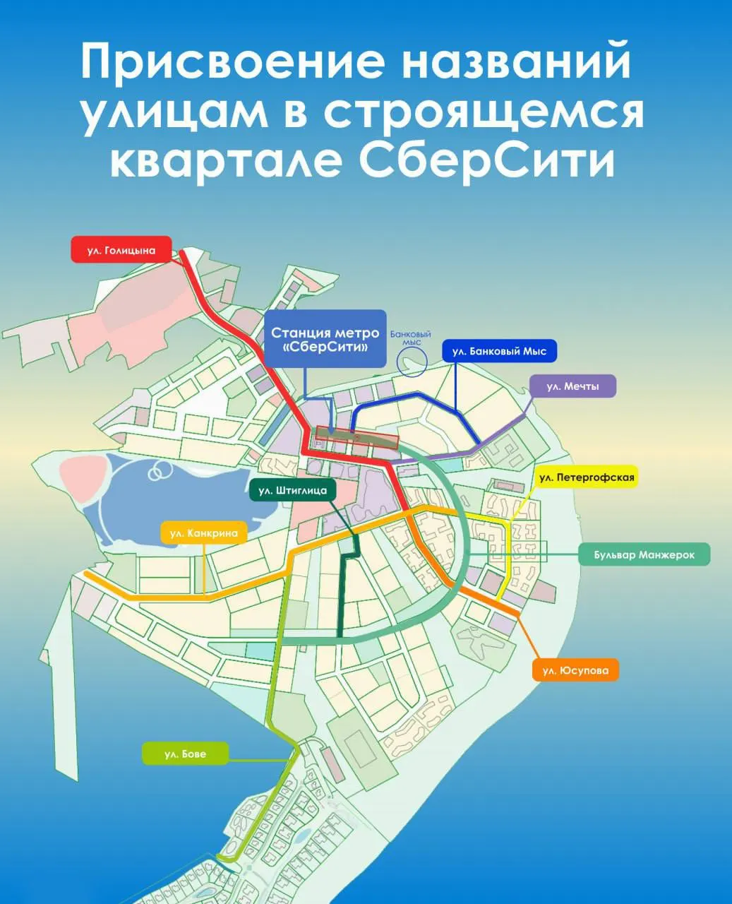 В строящемся «СберСити» присвоили названия улицам; в 2027 году здесь откроют одноимённую станцию метро Рублёво-Архангельской линии.