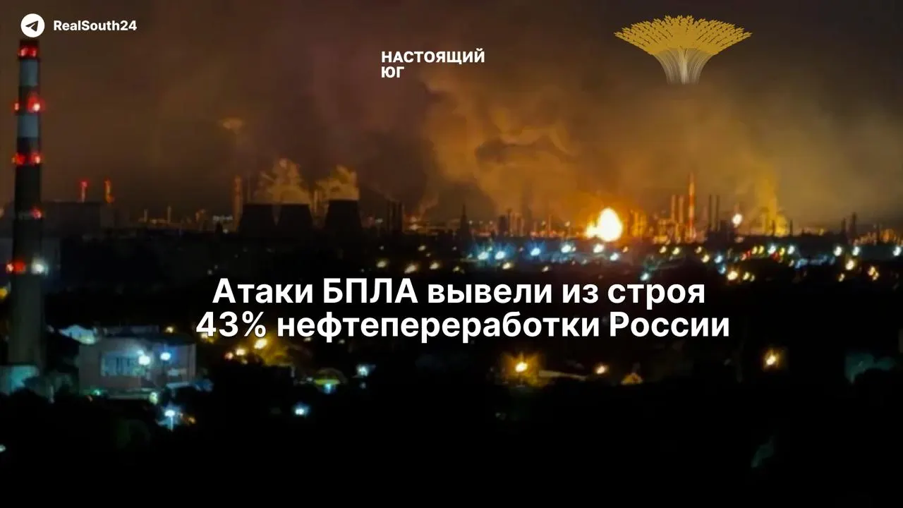 Систематические атаки беспилотников вывели из строя почти половину перерабатывающих мощностей страны; дефицит топлива усугубляют санкции и попытки скрыть масштабы.