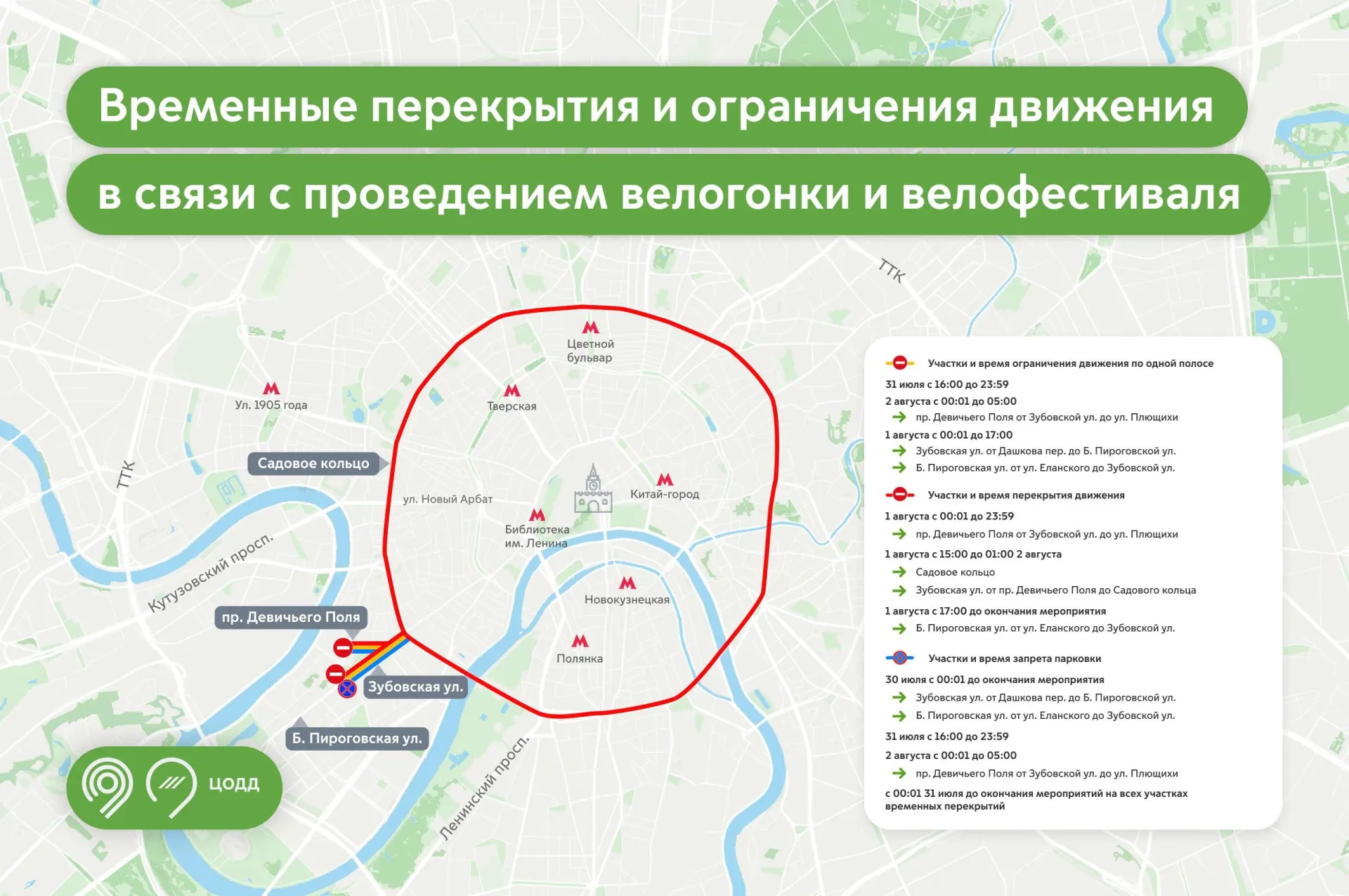 Сегодня вечером и завтра в столице ожидаются временные перекрытия на отдельных участках дорог: участок проезда Девичьего Поля будет частично ограничен, а на Садовом кольце — полное закрытие из‑за велофестиваля.