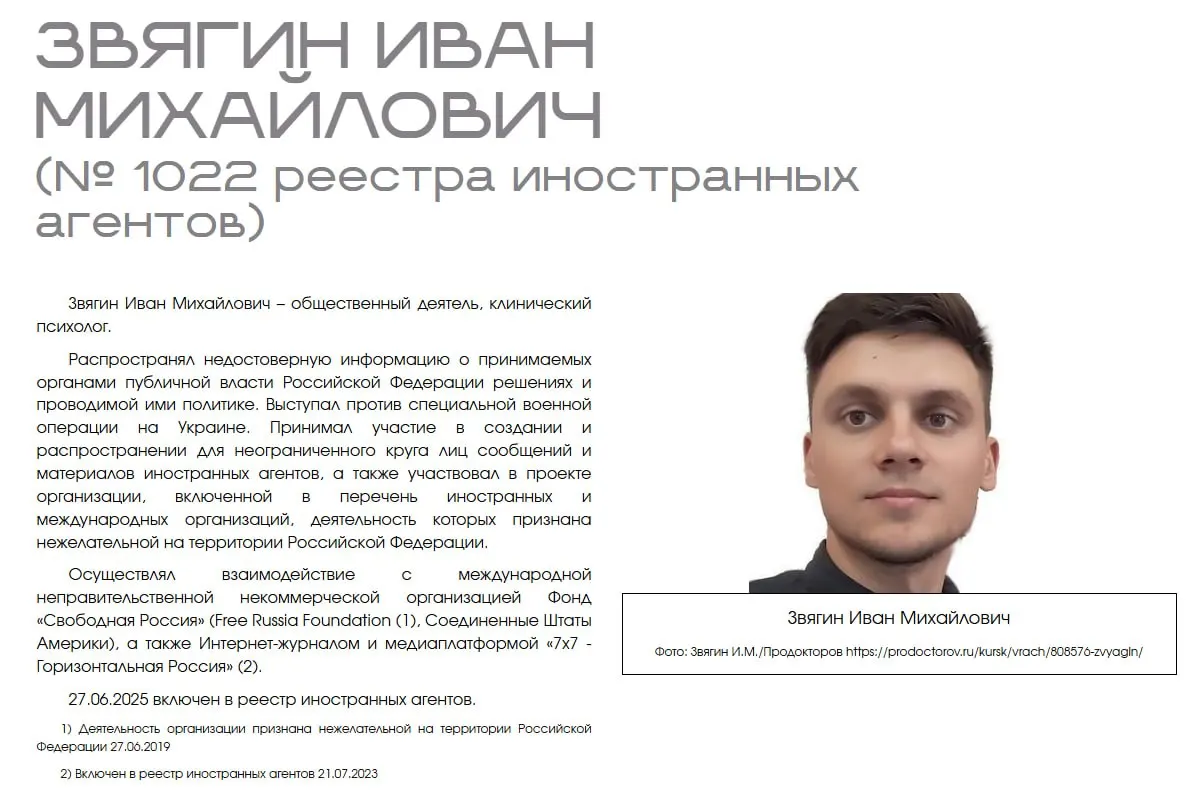 Психолог и активист Иван Звягин требует удалить сведения о себе из материалов виртуальной выставки, утверждая, что Минюст превысил полномочия и принизил его честь.