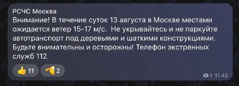 Ожидаются порывы ветра до 15–17 м/с; сохраняется риск падения деревьев и аварий. Соблюдайте осторожность и рекомендации местных служб.