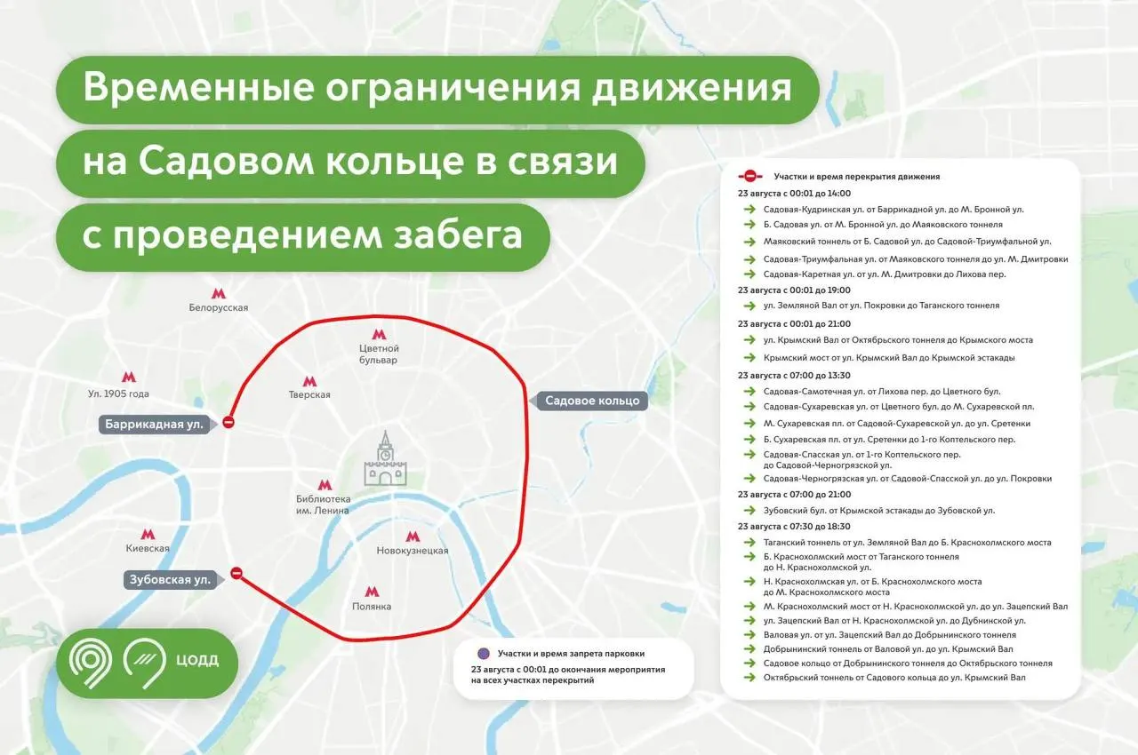 23 августа в столице пройдет «Большой фестиваль бега»; перекрытие коснется Крымского Вала от Октябрьского тоннеля до Крымского моста.