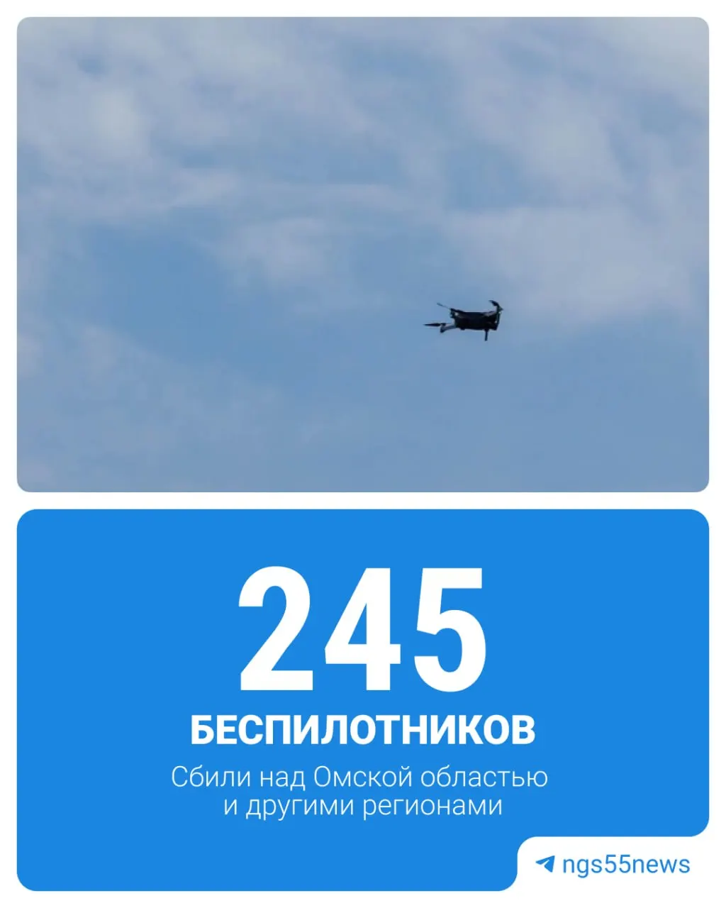 Минобороны сообщило, что за сутки поражено 245 самолетных беспилотников. В Омской области объявлялась беспилотная опасность, в поле под Омском из‑за обломков произошёл пожар.