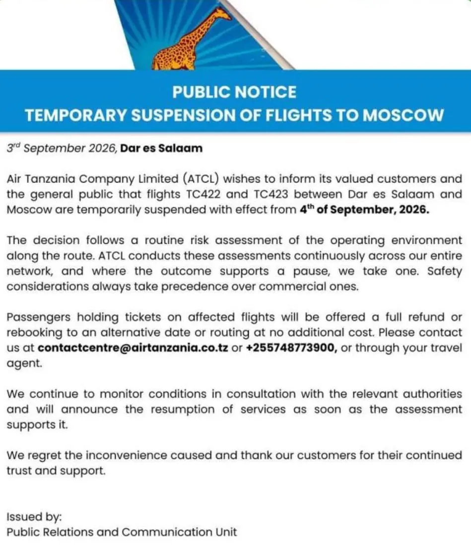 Танзанийская авиакомпания прекращает прямые рейсы в Россию по причинам безопасности; точные сроки возобновления неизвестны.