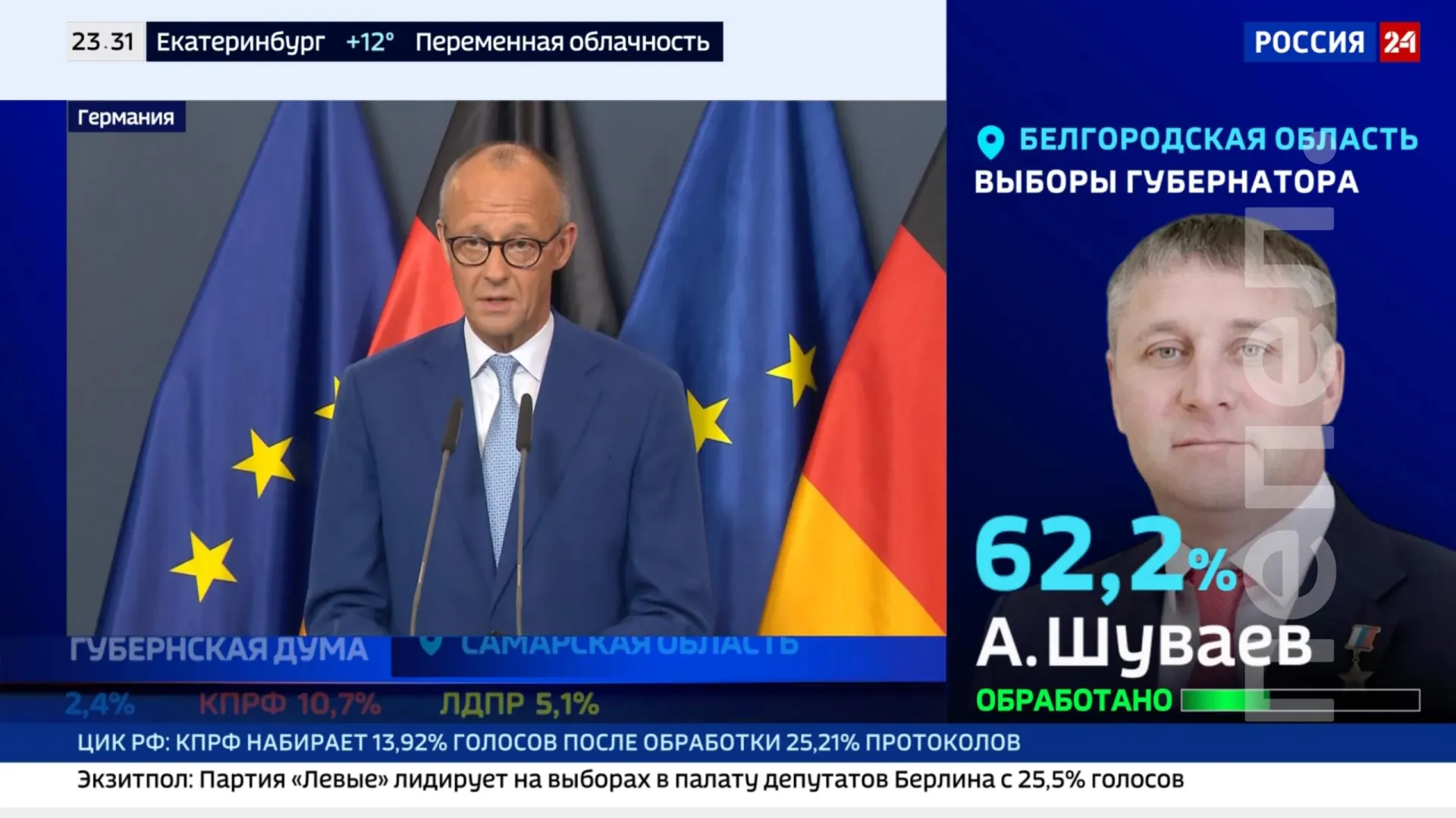 По предварительным данным кандидат Александр Шуваев лидирует на выборах губернатора Белгородской области с 62,2% голосов после обработки части протоколов.