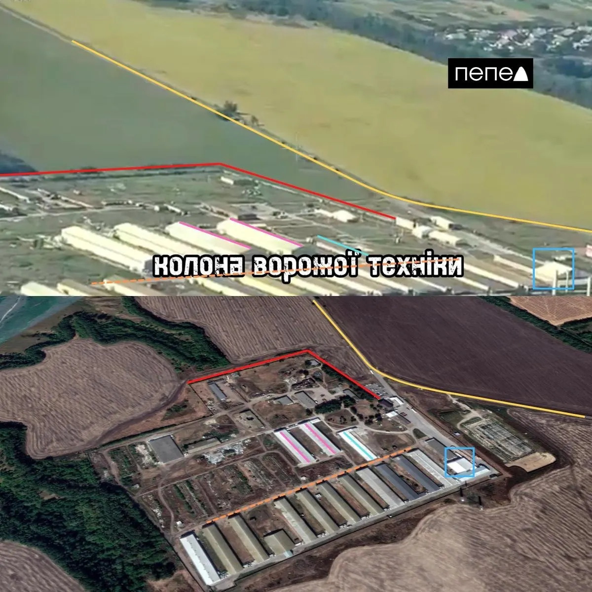 В Белянке Белгородской области зафиксирован обстрел птицефабрики: колонна военной техники подъехала к объекту, после чего по одному из корпусов последовал огонь; место атаки подтверждают спутниковые карты.