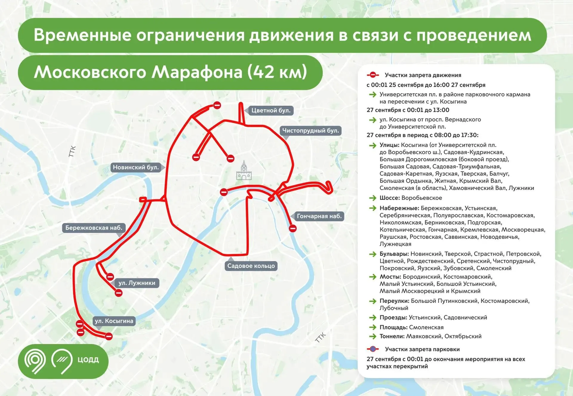 Из-за Московского марафона будут закрыты улицы, набережные и мосты с 08:00 до 17:30.