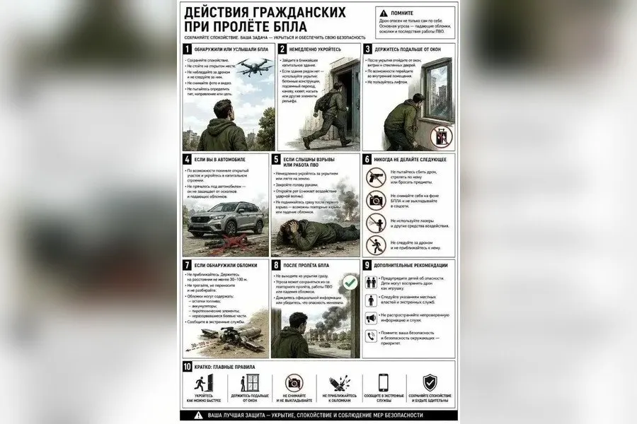 Памятка объясняет, как действовать при угрозе беспилотников: сохранять спокойствие, укрываться в укрытиях без окон и сообщать о дроне по номерам 112/102.