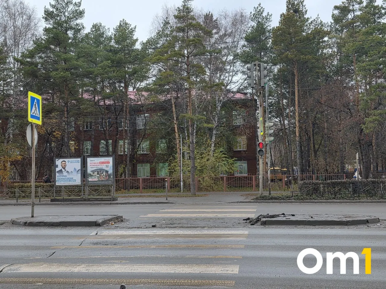 Автомобиль повредил островок безопасности и светофор у школы в Омске; пострадавших нет.